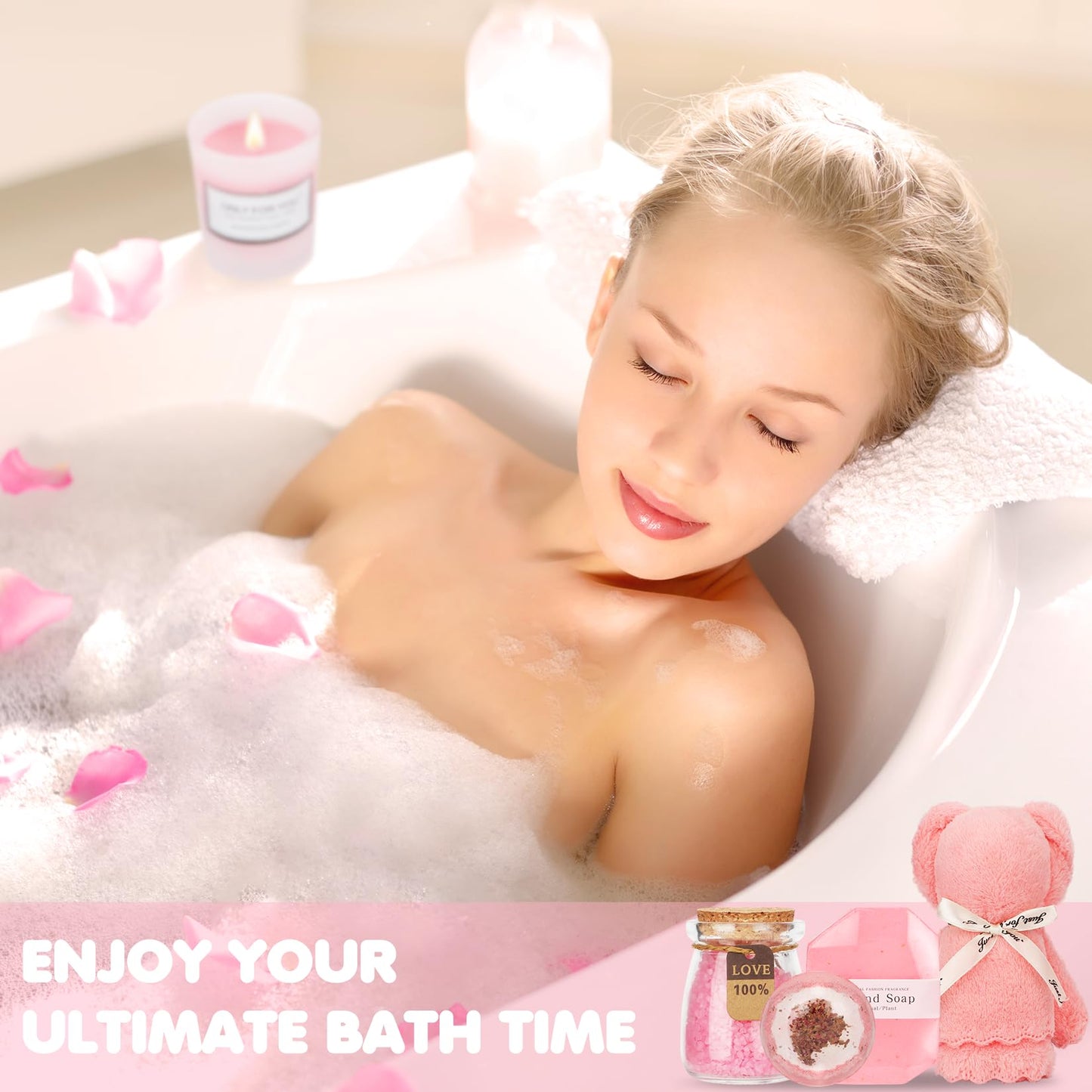 Birthday and Get Well Gifts for Women - Relaxing Spa Care Package With Luxury Flannel Blanket, Light-Up Rose Flower - Unique Self Care Gift Basket for Mom, Wife, Friends