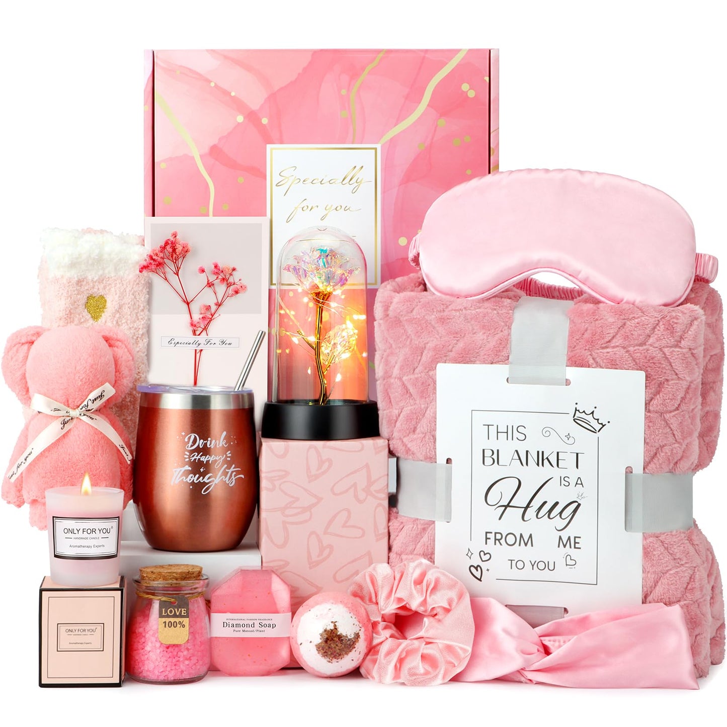 Birthday and Get Well Gifts for Women - Relaxing Spa Care Package With Luxury Flannel Blanket, Light-Up Rose Flower - Unique Self Care Gift Basket for Mom, Wife, Friends