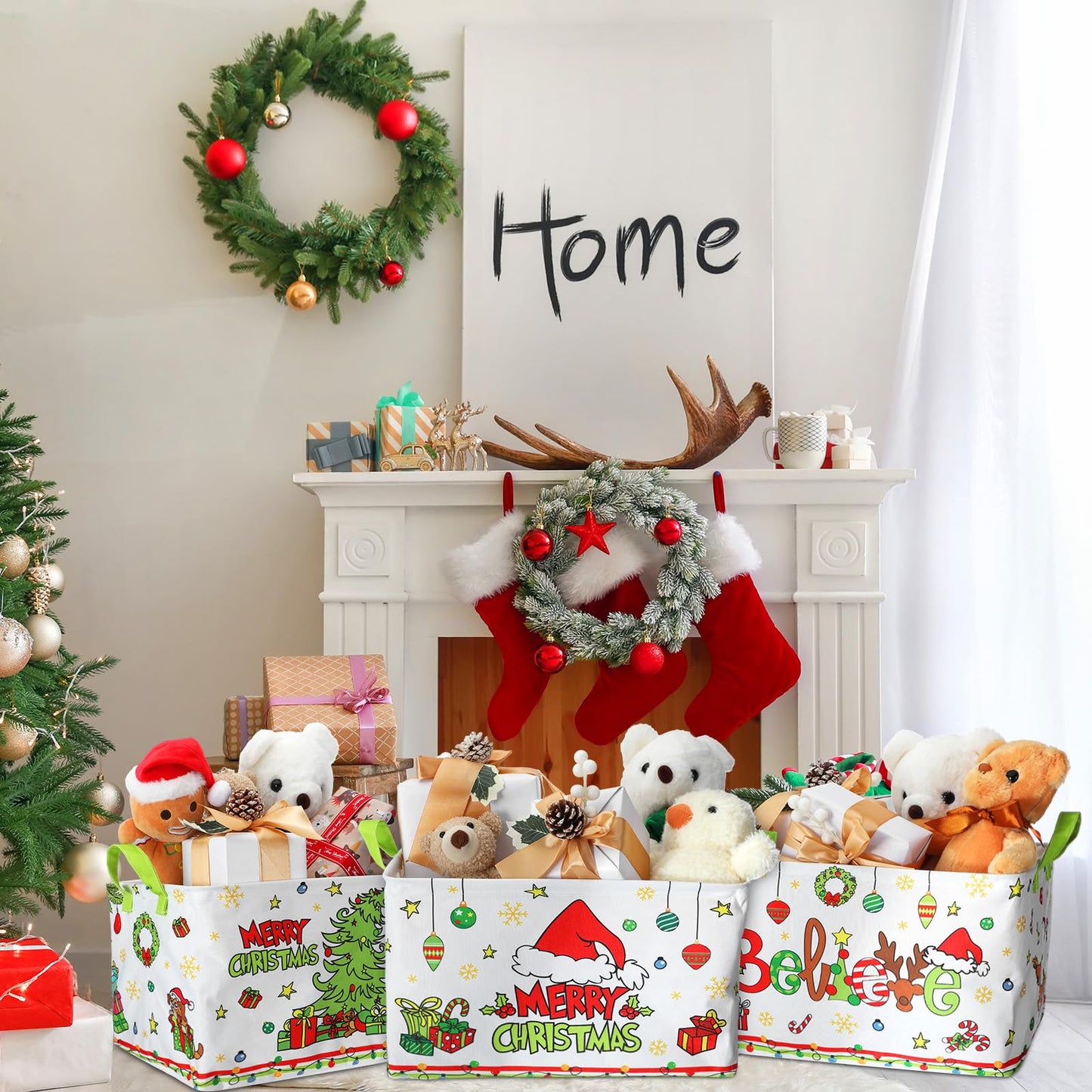 Beeveer 3 Pcs Foldable Christmas Storage Bins with Handle Green Tree Shelf Baskets Fabric Xmas Tree Storage Cube Box for Home Bedroom Office Organizing Closet Gift Baskets