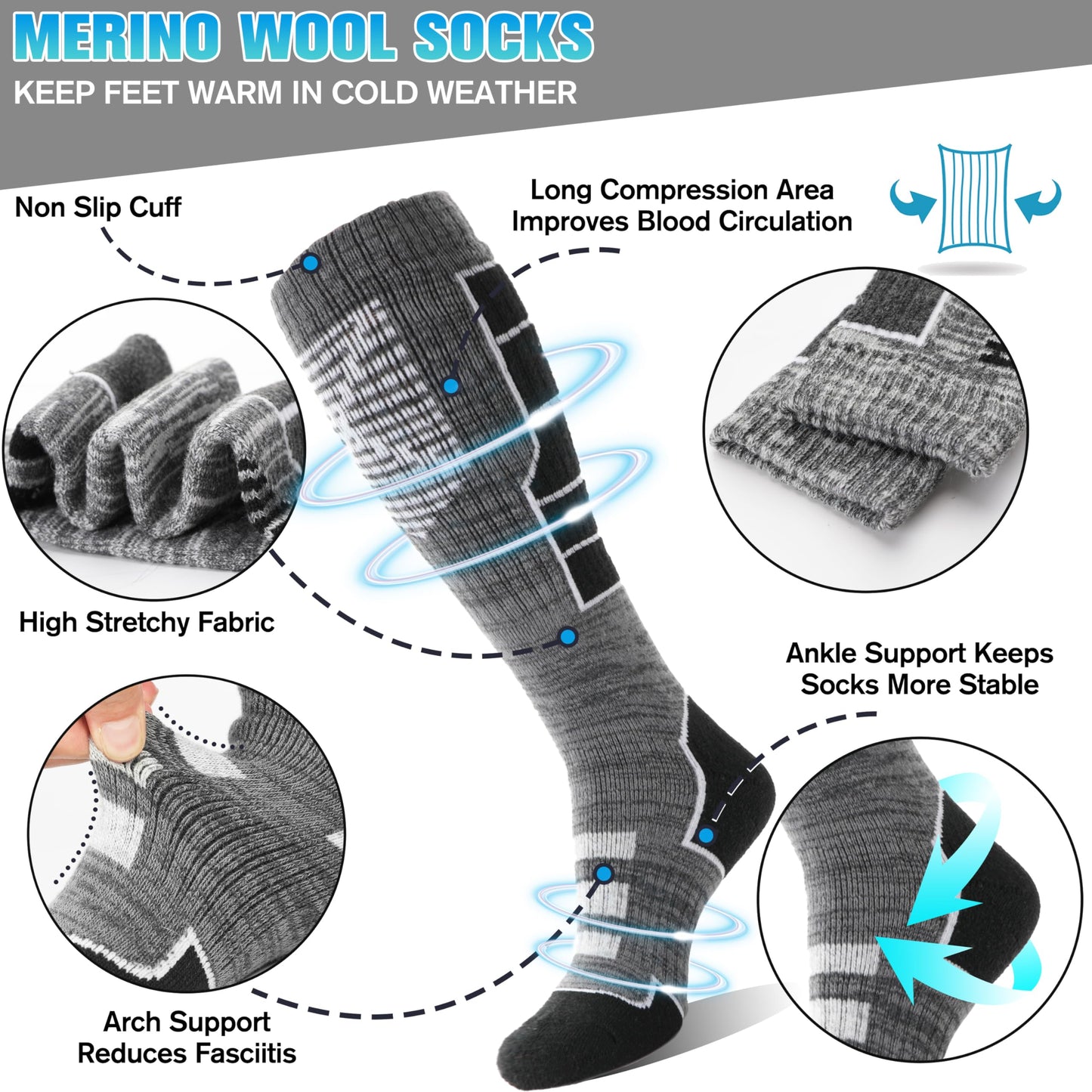 Anlisim Merino Wool Ski Thermal Unisex Socks for Men Women Winter Warm Thick Knee High Long Skiing Snowboarding Socks 3 Pairs Gift Stocking Stuffers(Black Gray,L)